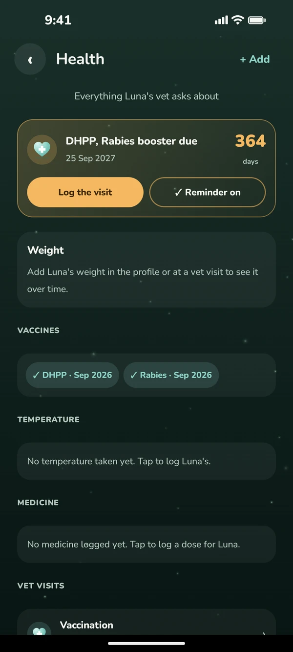 DogsLife Health screen: DHPP and rabies booster due in 364 days, vaccines, temperature, medicine and vet visits